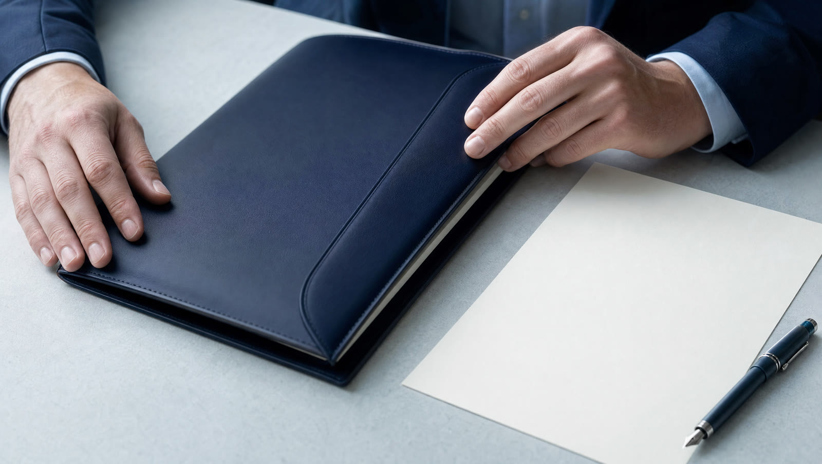 A closed leather portfolio and fountain pen on a desk