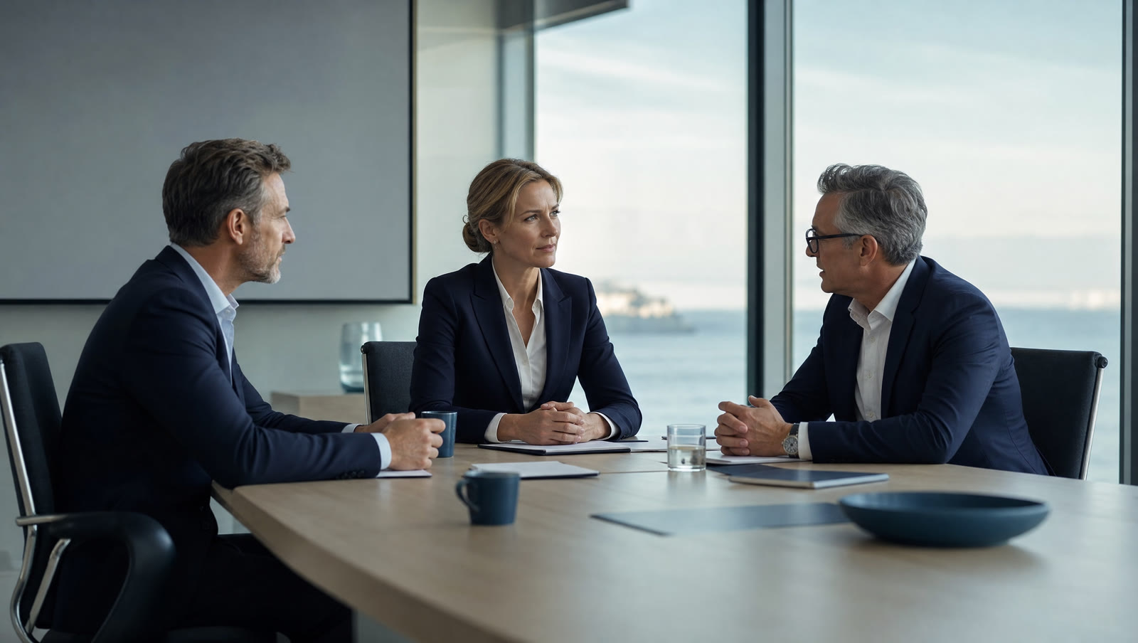 Senior leaders in a considered boardroom conversation